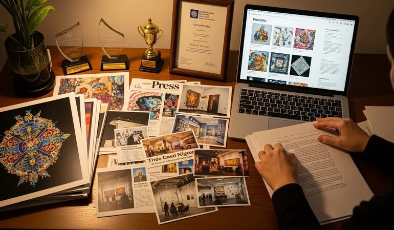 Artist organizing a professional portfolio with artwork, awards, and press materials for a Global Talent Visa application