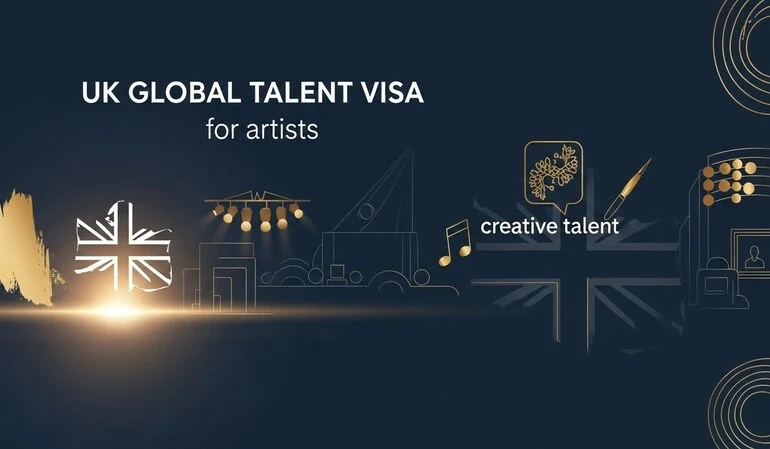 UK Global Talent Visa for Artists – elegant blue and gold banner with abstract creative elements and a subtle UK flag outline