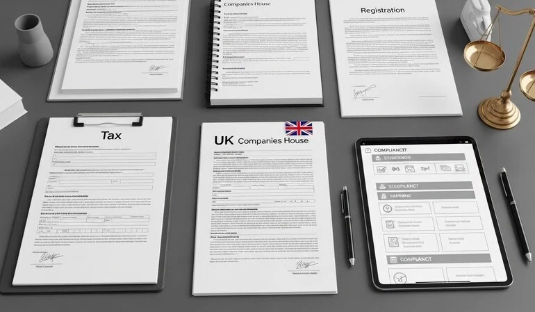 Birleşik Krallık’ta şirket şubesi kaydı, vergi ve hukuki yükümlülükleri gösteren bilgilendirici görsel