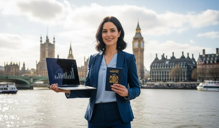 International professional standing near the River Thames with London skyline, representing UK Global Talent Visa opportunity
