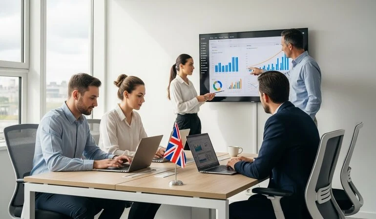 Scale Up Visa UK concept showing professionals working in a modern office with a Union Jack flag on the desk, realistic and professional setting.