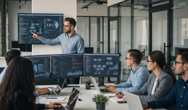 Real-life tech leader guiding a software team, representing leadership for the UK Global Talent Visa