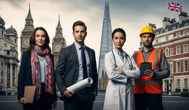 Four professionals including an artist, an architect, a doctor, and an engineer standing confidently in front of iconic UK-style buildings, with the UK flag visible in the background, realistic and detailed composition, modern attire, diverse appearances.