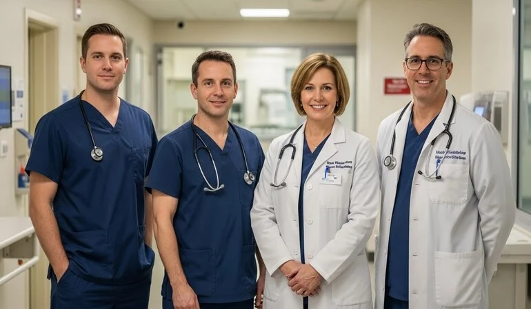 Medical professionals in scrubs standing together in a hospital corridor - NHS healthcare workers in the UK