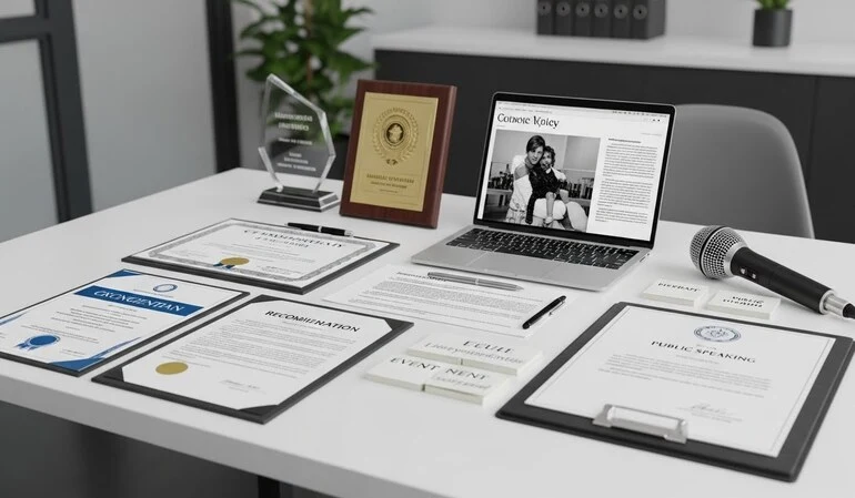 Realistic photo of leadership evidence including letters, awards, publications, and speaking materials for the Global Talent Visa