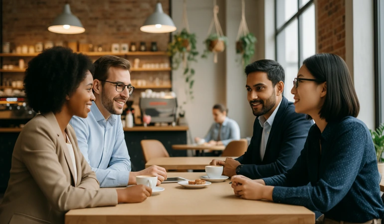 Four skilled professionals sitting at a table discussing opportunities related to the Global Talent Visa program.