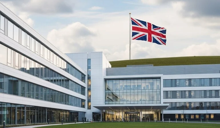 Modern hospital building with the United Kingdom flag in the background representing UK healthcare services.