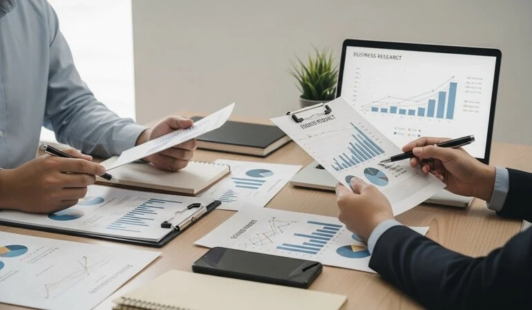 A professional businessman holding documents in a modern office environment, representing the UK Innovator Founder Visa application process focused on business planning, analysis, and strategic decision-making.