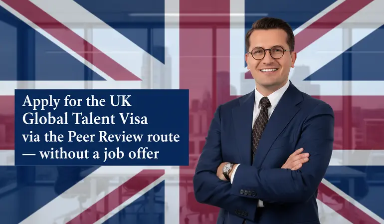 A trustworthy academic in a modern office setting representing an application for the UK Global Talent Visa through the peer review route without a job offer.
